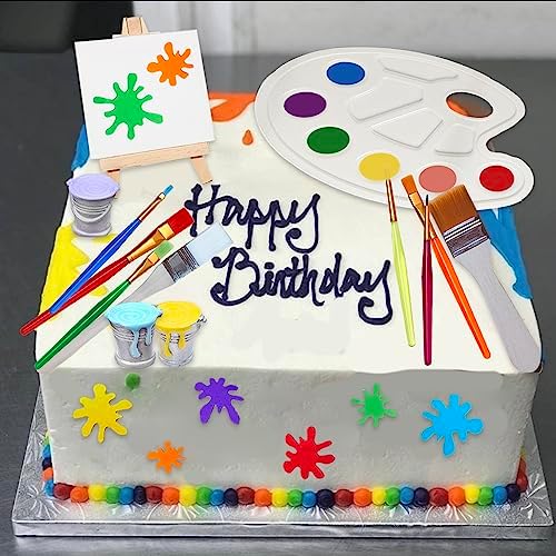 26 Pcs Art Cake Topper Paint Cake Decorations Painting Cake Toppers include Paint Pen Brush Painting Bucket Palette for Kids Birthday Baby Shower Art Themed Party Cake Decoration Supplies