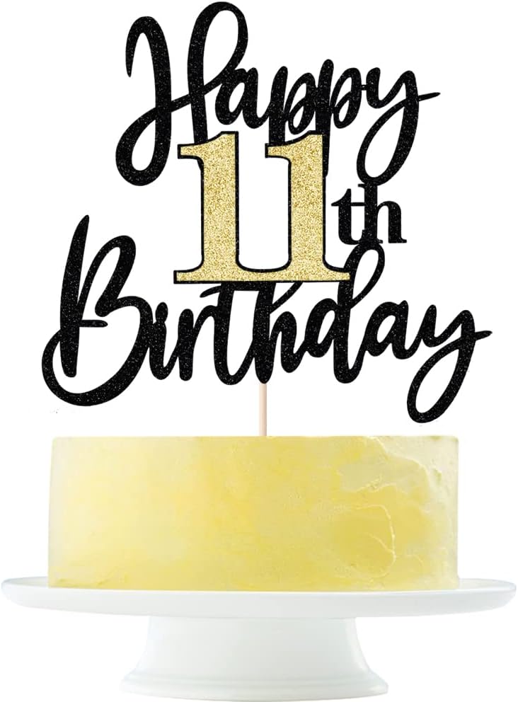 Black Gold Glitter Happy 11th Birthday Cake Topper,Happy 11 Birthday Cake Decoration for 11 & Fabulous Birthday,Hello 11 Party Anniversary Party Cake Decorations Supplies
