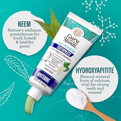 GuruNanda Travel Toothpaste with Hydroxyapatite, Travel-Size Toothpaste to Whiten Teeth & Freshen Breath, TSA-Friendly, Portable, Compact, Fluoride Free, Natural CocoMint Jasmine Neem, 1 oz