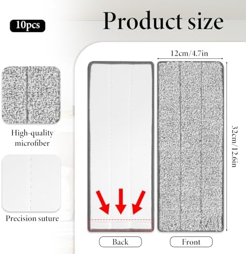 10 Pcs Reusable Mop Pad, 12.6 x 4.7 Inch Gray Mops Replacement Pads Washable Floor Cleaning Mops Pad Compatible with Most Flat Mop for Home, Office, School Cleaning
