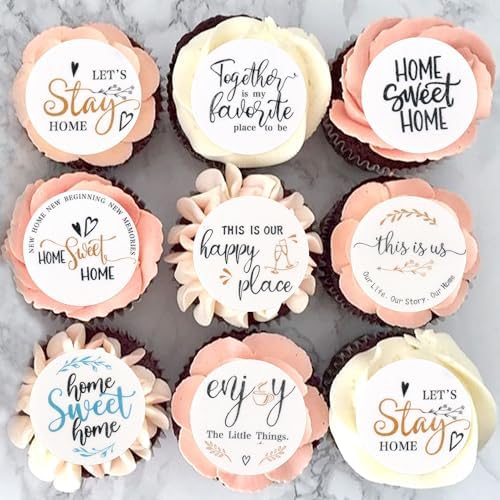 40Pcs Round Edible Greenary Home Sweet Home Cupcake Toppers Our Life Our Story Happy Place Cupcake Picks Housewarming Drink Toppers for Housewarming Party Cupcake Decorations