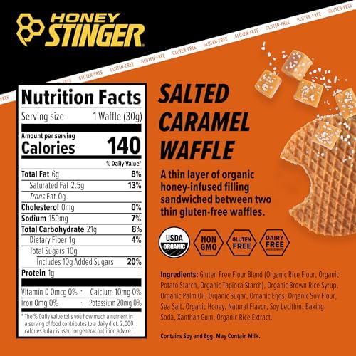 Honey Stinger Organic Gluten Free Salted Caramel Waffle | Energy Stroopwafel for Exercise, Endurance and Performance | Sports Nutrition for Home & Gym, Pre & Post Workout | Box of 16 Waffles, 16.96 Oz