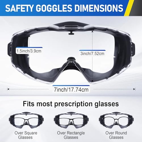TICONN Anti-Fog Safety Goggles, Adjustable Safety Goggles Over Glasses, ANSI Z87.1 UV385 Eye Protection Glasses for Adults