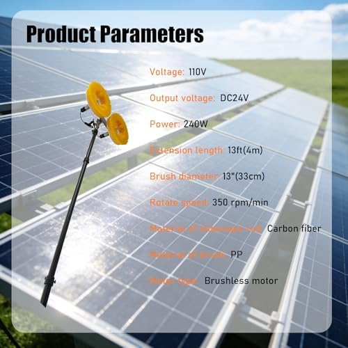 110V Electric Double Head Solar Photovoltaic Panel Cleaning Machine Solar Panel Cleaning Kit 13 FT Telescopic Water Fed Pole Brush 350 RPM/min