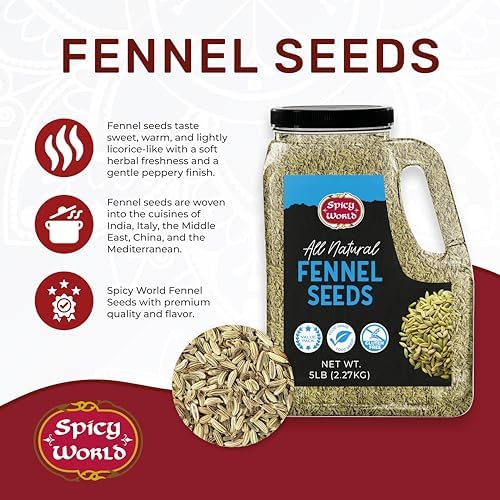 Spicy World Fennel Seeds 5 LB Bulk Jar - Whole Sweet Fennel - Great for Cooking, Tea, Mouth Fresheners, or Make Fresh Powder - Premium Quality, All Natural