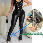 Sexy Women Faux Leather Leggings High Waisted Pleated Leather Tights Splits Hem Stacked Pants
