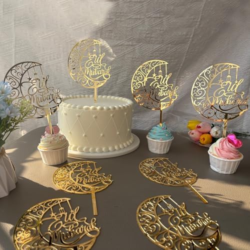 Eid Mubarak Cupcake Topper-8Pack Gold Acrylic Cake Topper,Muslim Islam Eid Festival Wedding/Baby Shower/Birthday Party Decorations Supplies
