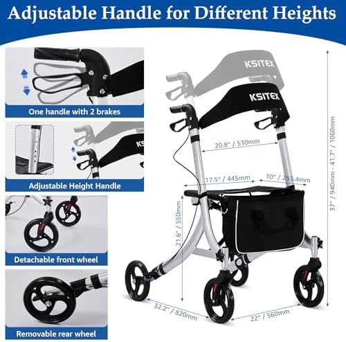 Rollator Walkers for Seniors,Rolling Walker with Backrest 300lbs, Folding Walking Aid with Seat and Brakes, Aluminum Heavy-Duty Drive Walker with Adjustable Handles, 8" All-Terrian Big Wheels