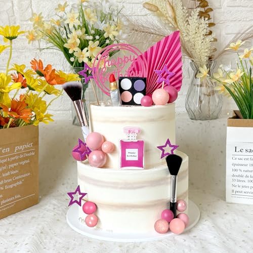 32 PCS Makeup Cake Topper Happy Birthday Cake Topper with Lipstick Eye Shadow Makeup Brush for Birthday (Hot pink)