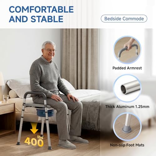 Loyoda Bedside Commode with Bucket for Seniors, Toilet Chair with Padded Handles & Seat, 400 LBS Bedside Toilet with Adjustable Height & Width for Pregnant, Disabled, Handicapped,(Gray)
