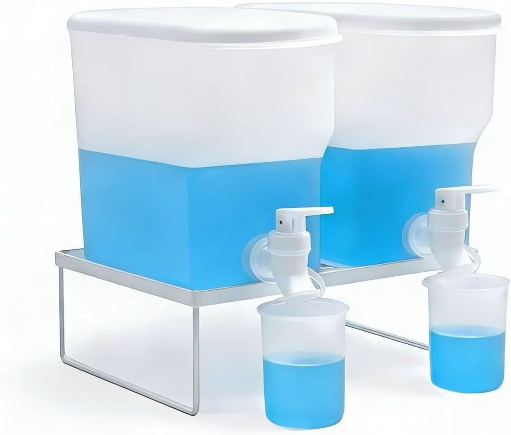 Laundry Detergent Dispenser Set, 100oz (3L) Easy-Pour Leak-Proof Bottles with Spout Plug Caps,Measuring Cups & Stand–2 Refillable Semi-Transparent Soap Containers for Laundry Room Organization