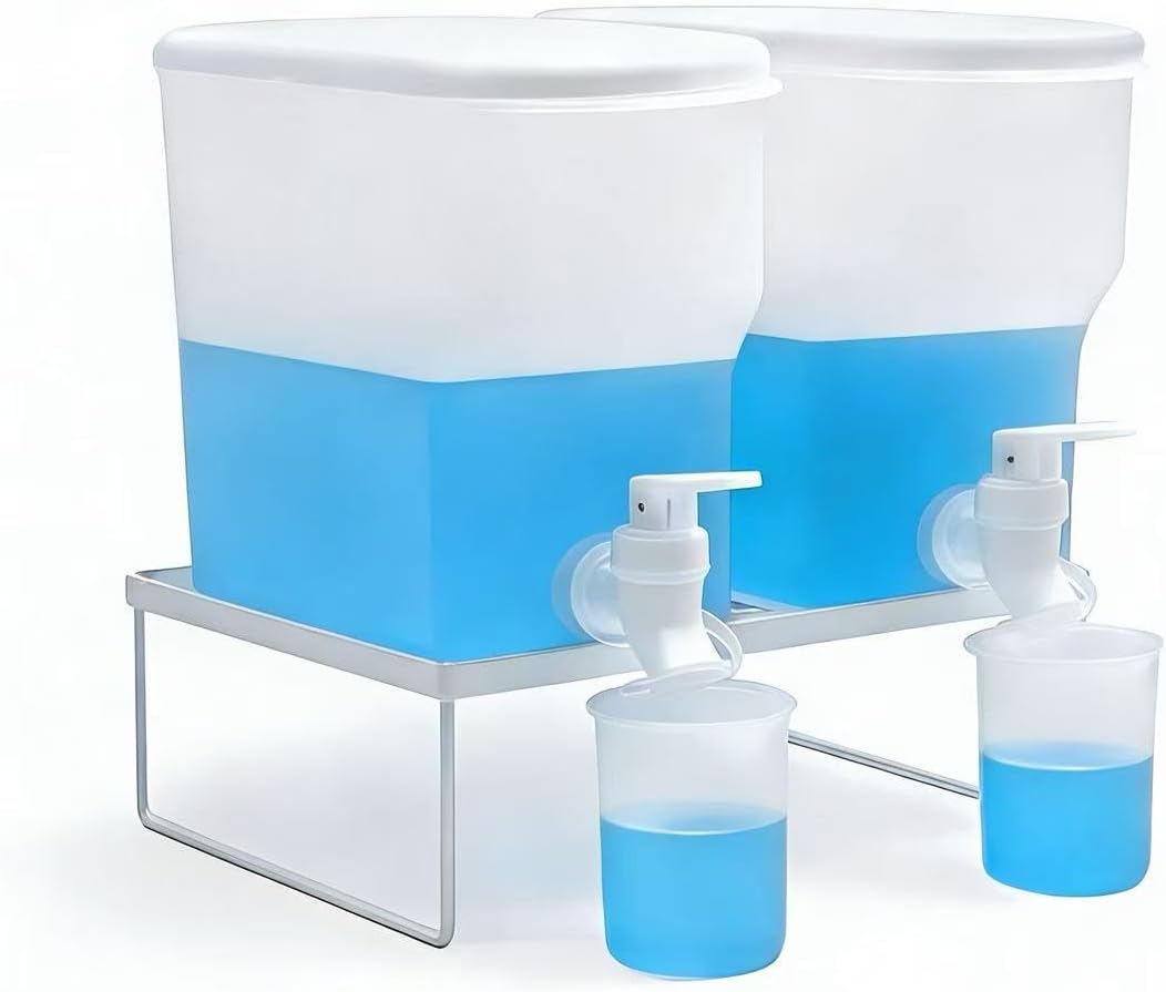 Laundry Detergent Dispenser Set, 100oz (3L) Easy-Pour Leak-Proof Bottles with Spout Plug Caps,Measuring Cups & Stand–2 Refillable Semi-Transparent Soap Containers for Laundry Room Organization