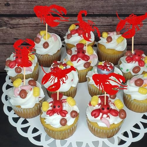 24Pcs Crawfish Cupcake Toppers Lobster Cupcake Food Picks Bridal Shower Bachelorette Sea Animal Theme Baby Shower Kids Birthday Party Cake Decorations Supplies - Red Glitter