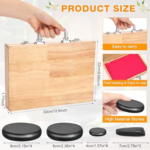 Hot Stones Massage Set 18 Pieces Basalt Hot Rocks Massage Rocks Kit Black Smooth Stones for Professional Home Spa Warming Relaxing Pain Relief, Constant 50°c (122°f)(Adjustable Temperature Wood Box)