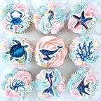 45PCS Edible Deep Sea Animals Cupcake Topper Edible Starfish Octopus Crab Jellyfish Dolphin Starfish Seahorse Cupcake Picks for Royal Blue Baby Shower Under the Sea Birthday Party Decorations