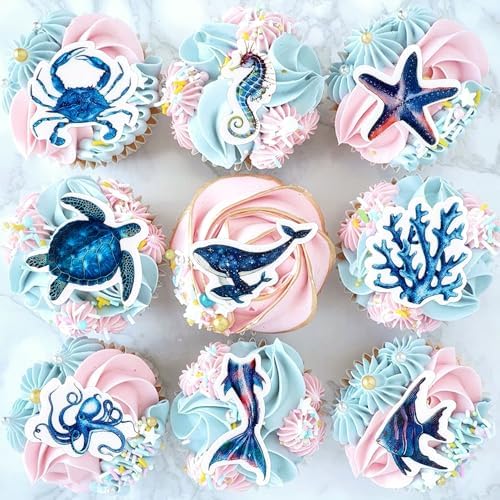 45PCS Edible Deep Sea Animals Cupcake Topper Edible Starfish Octopus Crab Jellyfish Dolphin Starfish Seahorse Cupcake Picks for Royal Blue Baby Shower Under the Sea Birthday Party Decorations