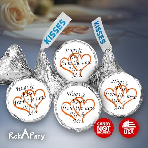 324 Hugs and Kisses from The New Mr. & Mrs. with Interlocking Hearts Wedding Stickers, Chocolate Drops Labels for Bridal Shower Engagement Party Decorations, Kiss Favors Decor. Made in USA (Orange)