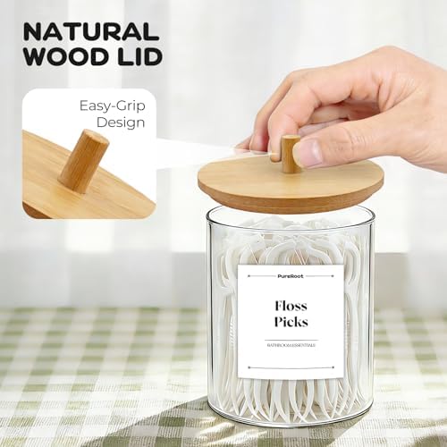 Glass Qtip Holder Dispenser Set - 10oz Cotton Swab Holder with Bamboo Lids, Bathroom Canisters Apothecary Jar Vanity Storage Organizer for Cotton Balls Pads, Floss Picks (2 Pack)
