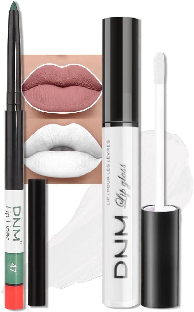 evpct 2Pcs White Matte Liquid Lipstick Lip Gloss Stain and Retractable Lip Liner Makeup Set for Women Long Lasting Waterproof 24 Hours Permanent Lipstick labial mate larga duracion 24 43#