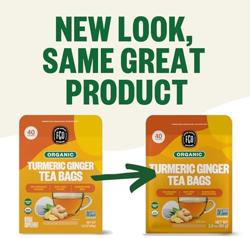 FGO Organic Turmeric Ginger Herbal Tea, 40 Count, Eco-Conscious Tea Bags, Caffeine Free (Pack of 1)