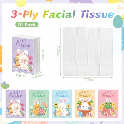 Outus 10 Pack Easter Basket Stuffers Pocket Tissues Travel Size, 3-Ply Mini Facial Tissues for Purse, Cute Bunny & Egg Design Pocket Tissue for Spring Easter Goodie Bags Filler Exchange Party Favors
