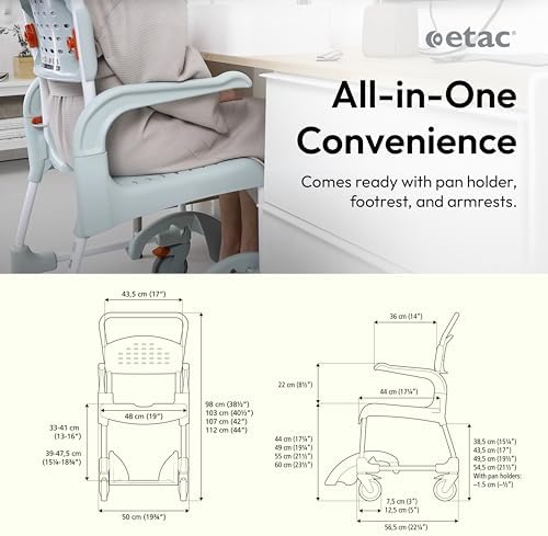 Etac Clean Shower Commode Chair – 19 1/4 Inches Fixed Height, Removable Armrests, Ergonomic Footrest – Easy-to-Maneuver Shower Chair with Wheels, Slim Design Fits Doorways