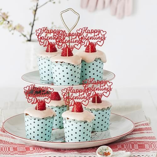 Rsstarxi 24 Pack Happy Galentine's Day Cupcake Toppers Red Glitter Sweet Heart Love You Cupcake Picks for Valentine's Day Theme Wedding Birthday Party Cake Decorations Supplies