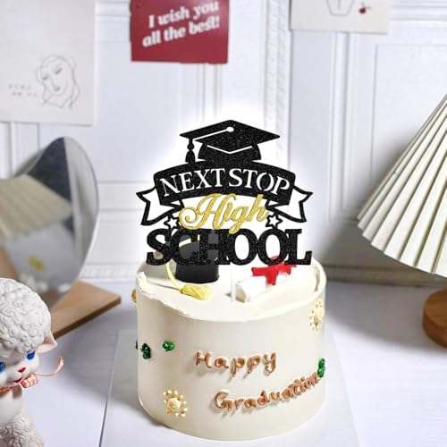 Next Stop High School Cake Topper, Congrats Grad, Goodbye Middle School, Class of 2026 8th Grad Grade Graduation Party Decorations Supplies, Black and Gold Glitter