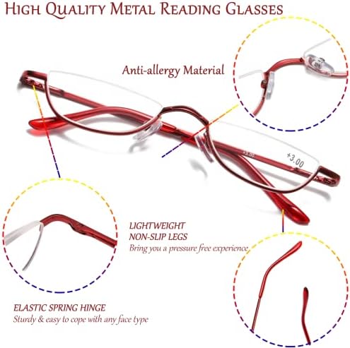 Viseng Half Frame Reading Glasses for Women Men Slim Half Moon Lens Readers Metal Semi Rimless eyewear Purple+Gold+Red+2.0