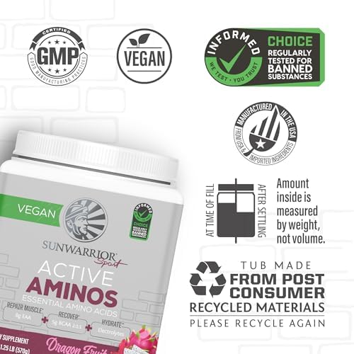 Sunwarrior Amino Acids Amino Energy Powder Essential Amino Acids EAA | Muscle Repair Hydration & Recovery | Promote Wellness Strength & Endurance | Dragon Fruit Flavor | 30 Servings | Active Aminos