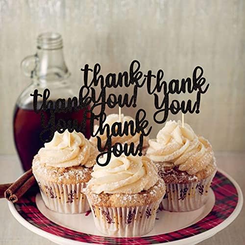 Rsstarxi 24 Pack Thank You Cupcake Toppers Black Glitter Thank You Cupcake Picks for Thanksgiving Day Wedding Anniversary Baby Shower Kids Birthday Party Cake Decoration Supplies