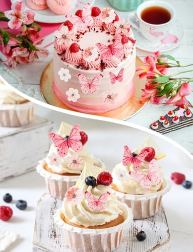 90PCS Artificial Flowers Butterfly Cupcake Toppers, Cherry Blossom Cake Topper Wafer Paper Butterfly Flower for Baby Shower Wedding Birthday Party Cake Food Decorations Supplie