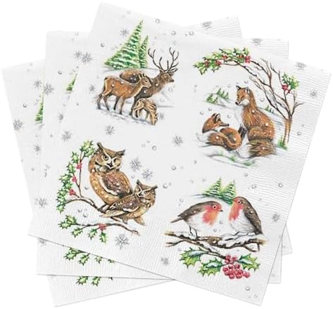 Christmas Napkins - 40pcs Winter Animal Lunch Napkins, Fox, Bird, Deer, Owl, Forest Animals, Cabin Decor