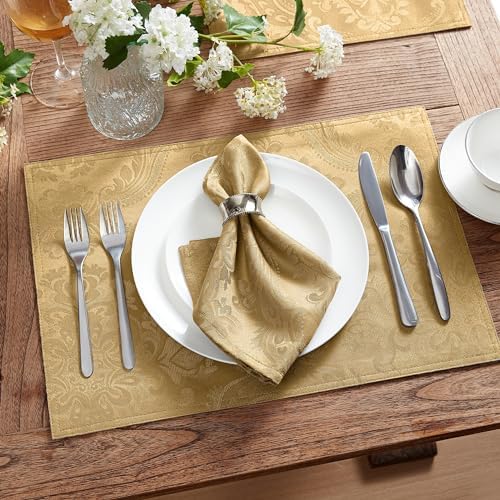 Elrene Home Fashions Caiden Elegance Damask Fabric Napkins (Set of 4), 17" x 17", Gold