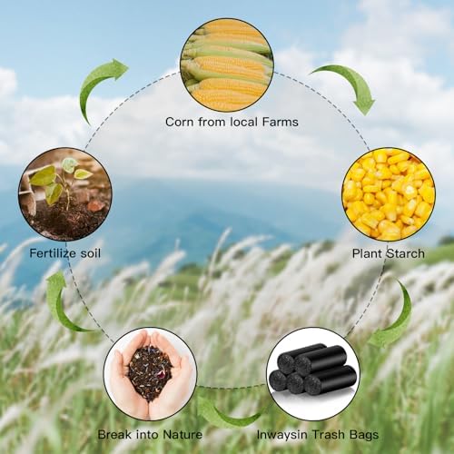 Biodegradable Trash Bags 8 Gallon Black - Medium Garbage Bags 8-10 Gallon Tall Kitchen Compostable Unscented 100 Count Recycling Strong Thick Office Waste Basket Liners Bulk Inwaysin