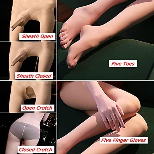 leesuo Women Men Velvet Sheer Full Bodystocking High Elastic See Through Sheer Bodysuit Catsuit with Half Hood Gloves Toes