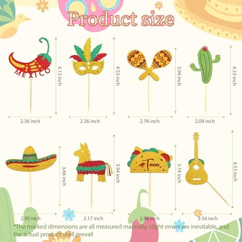 24 Pcs Fiesta Cupcake Toppers Glitter Mexican Cupcake Toppers Taco Castus Cake Decorations for Mexican Party Decorations Fiesta Theme Birthday Party Supplies