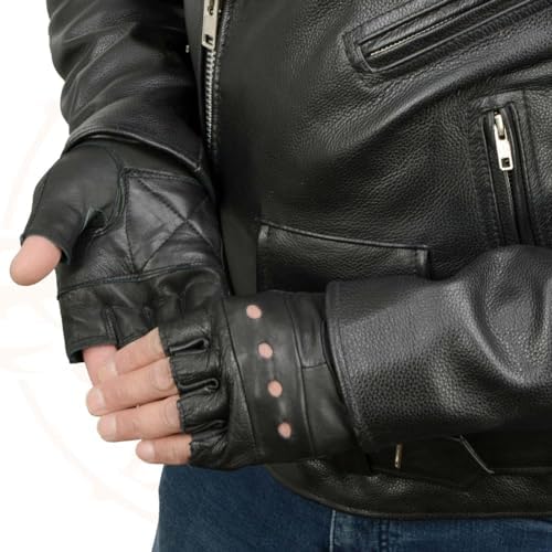 Milwaukee Leather SH216 Men's Black Leather Gel Padded Palm Fingerless Motorcycle Hand Gloves W/Breathable ‘Open Knuckle’