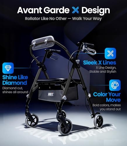 VOCIC Walkers for Seniors, Z11 Rollator Walker with Seat, Max 380 lbs, Avant Walkers with Ergo Seat & Backrest, Foldable Rollator Adjustable Height, All Terrain Walker, Lightweight