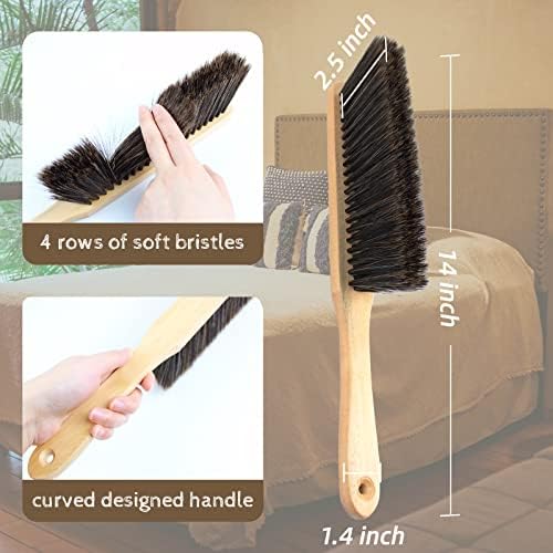 2 Pieces Dust Brush Hand Broom Wooden Bench Brushes with Soft Bristles Counter Brush with Long Wood Handle Household Cleaning Brush for Sofa Bed Pet Fireplace Car (Brown, Yellow)
