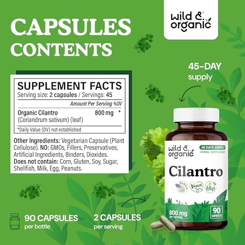 Wild & Organic Cilantro Capsules 800 mg - Detox & Antioxidant Support - Cilantro Powder Supplement - Coriander Leaf - Vegan, No Fillers, Non-GMO - 90 Count