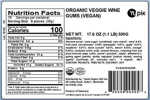 Yupik Organic Veggie Wine Gums, Gelatin-Free, 1.1 lb (17.6 oz), Gluten-Free, Vegan, Non-GMO, Natural Colors & Flavors, Made from Fruit Juice, Sweet Candy, Delicious Snack, Ideal for Gifting, Holidays