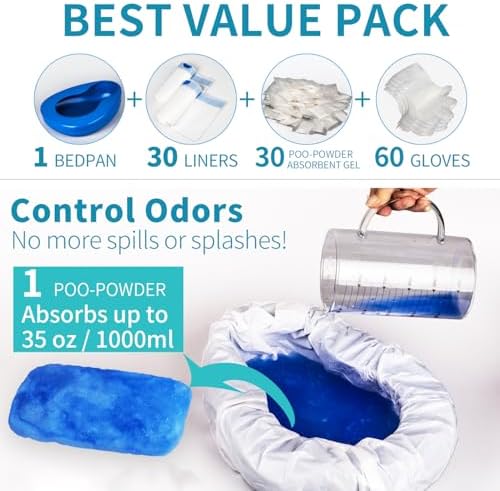 Bedpan Set with 30 Absorbent Pads Gel and 30 Disposable Liners, Bed Pan for Elderly Females Women, Bedpan with Liners for Men Male