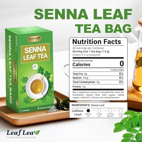 LeafLea 40 Senna Tea Bags – 100% Pure Senna Leaves, Herbal Laxative Tea for Gentle Constipation Relief, Caffeine-Free, Sugar-Free, Gluten-Free, Non-GMO, Vegan, Supports Digestive Health