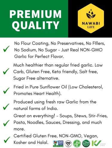 Fried Garlic | 100% Natural (Non-GMO) | Gluten Free | KETO Friendly | No Sodium | Low Carb | Resealable Bag | 8oz | By Nawabi Life