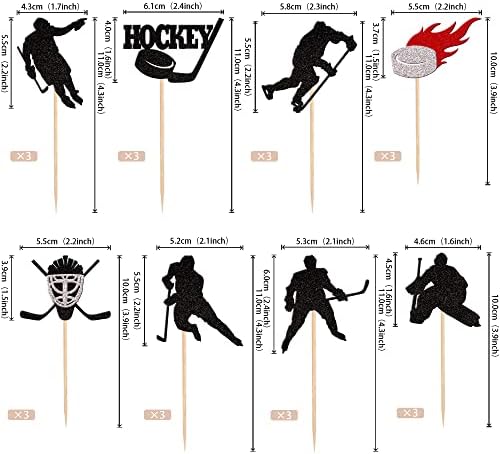 24 PCS Hockey Cupcake Toppers Black Glitter Hockey Players Cupcake Picks Ice Hockey Sports Theme Baby Shower Kids Boys Girls Birthday Party Cake Decorations Supplies Black