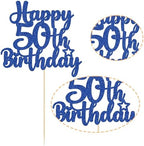 Gyufise 1Pc Happy 50th Birthday Cake Topper Glitter 50 & Fabulous Cheers to 50 Years Old 50th Birthday Cake Pick for Celebrating 50th Birthday Anniversary Party Cake Decorations Blue