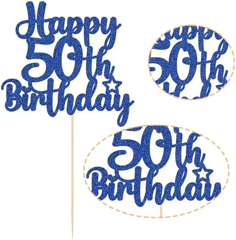 Gyufise 1Pc Happy 50th Birthday Cake Topper Glitter 50 & Fabulous Cheers to 50 Years Old 50th Birthday Cake Pick for Celebrating 50th Birthday Anniversary Party Cake Decorations Blue