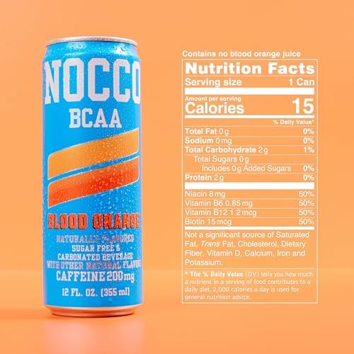NOCCO Zero Sugar Energy Drink, Blood Orange - 12 Fl Oz (Pack of 12) - 180mg Caffeine, Sugar Free, BCAAs - Branched Chain Amino Acids, Carbonated & Low Cal, B Vitamins, Grab & Go Performance Beverage