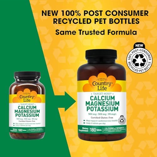 Country Life Target Mins - Calcium Magnesium Potassium Bone & Heart Health Supplement, 1000mg Calcium, 500mg Magnesium, Supports Calcium Utilization, 180 Tablets – Certified Gluten Free & Vegan